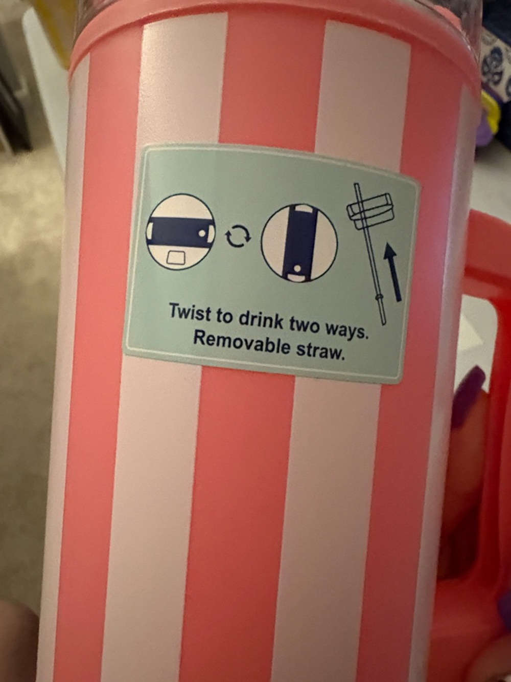 Striped Pink and White Travel Tumbler with Handle and Straw - Picture 4 of 4